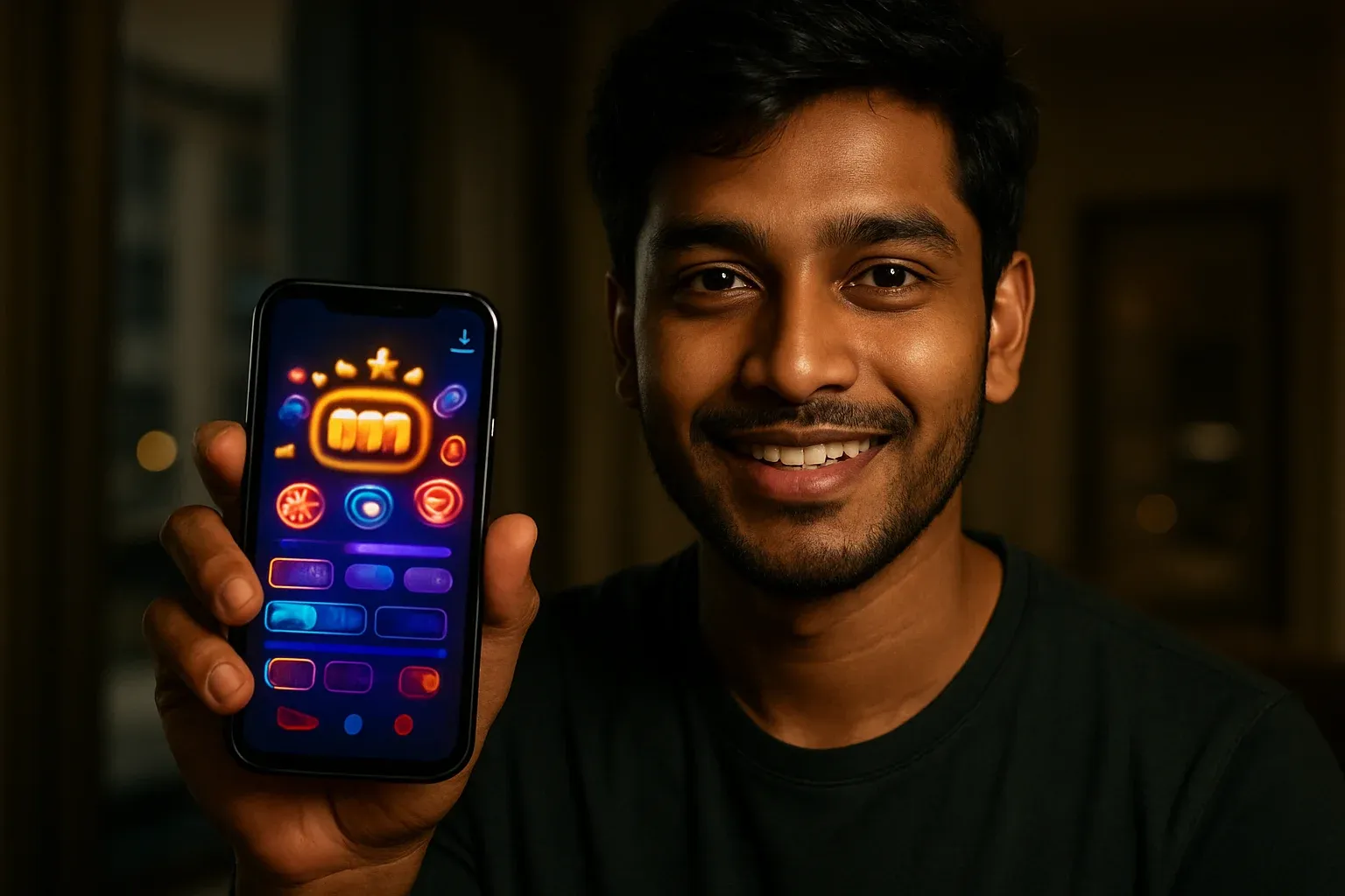 Young Bangladeshi man smiling, holding smartphone showing glowing casino app interface