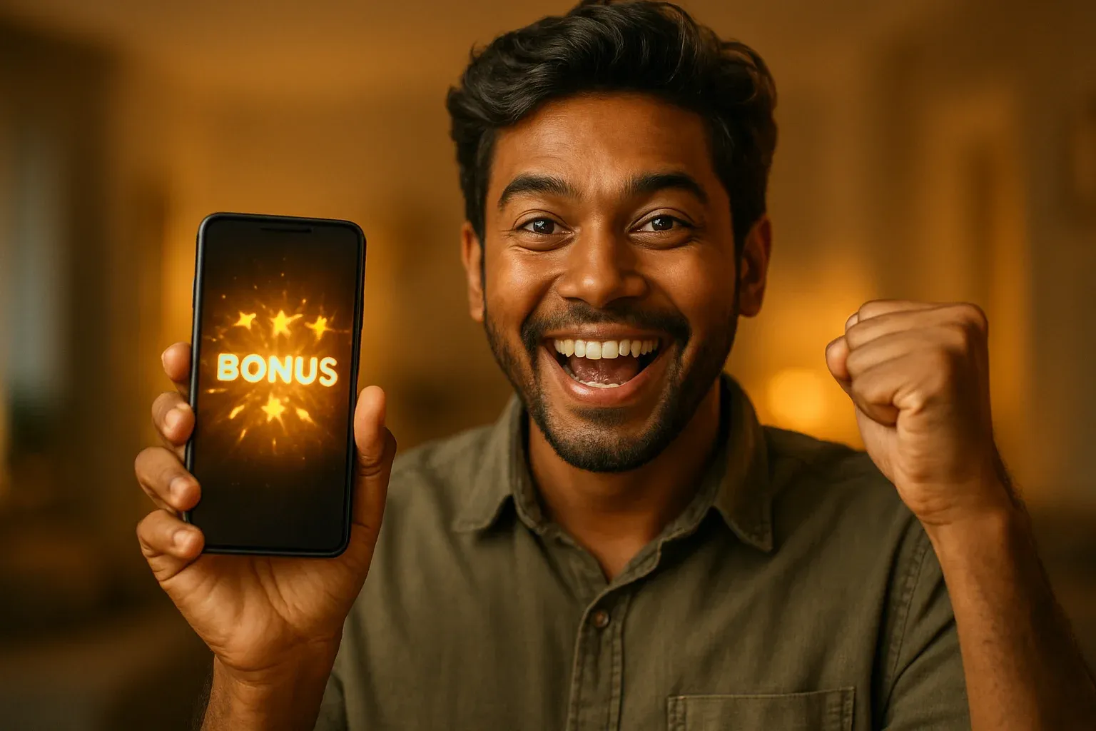 Joyful Bangladeshi man celebrating with smartphone showing glowing golden bonus notification