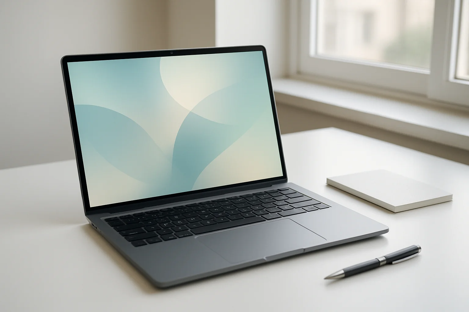 Modern laptop on white desk with abstract glowing screen in daylight