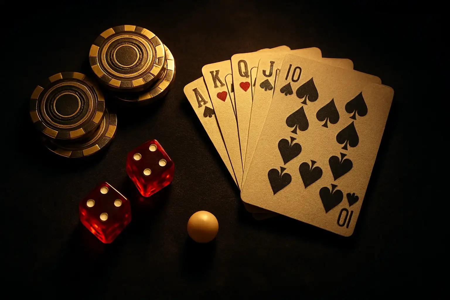 Top-down casino flat-lay with golden chips, cards, dice, and roulette ball