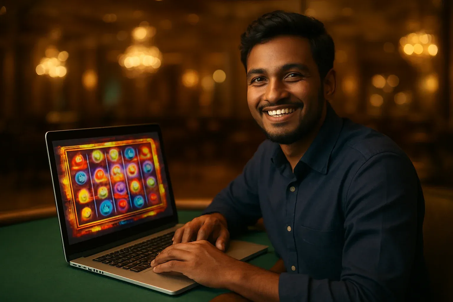 Cheerful Bangladeshi man smiling at open laptop with glowing casino interface