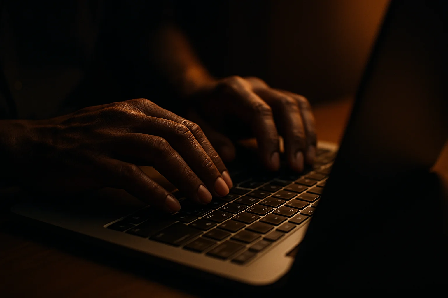 Bangladeshi man hands typing on laptop keyboard in dramatic light