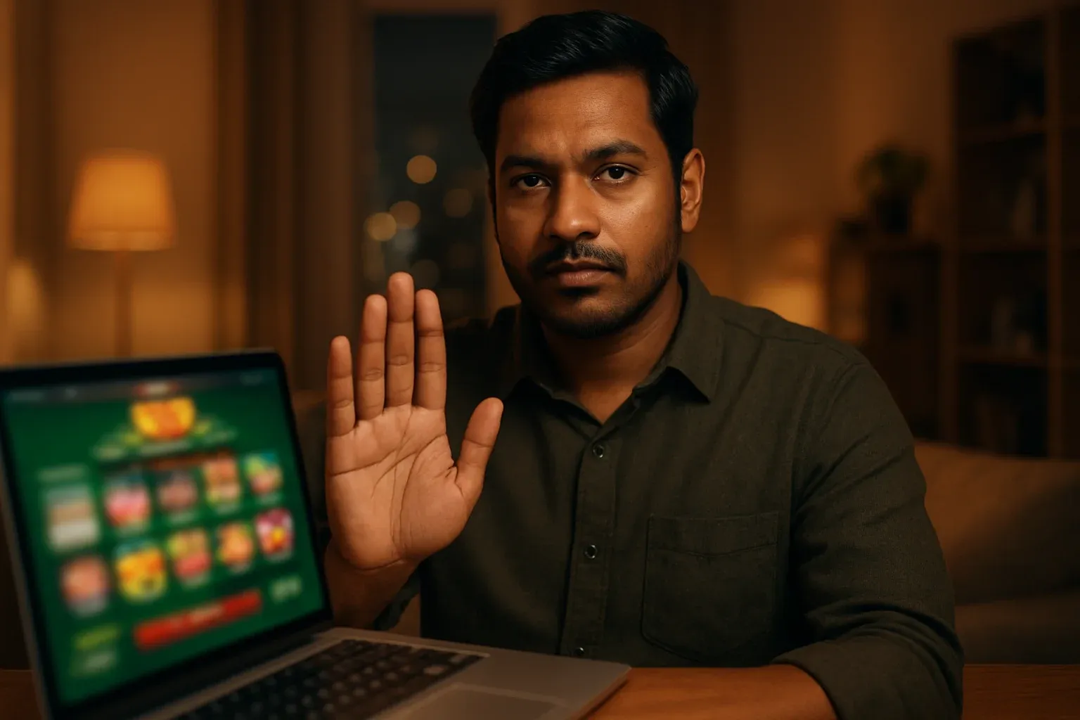 Confident Bangladeshi man shows stop gesture beside blurred online casino laptop
