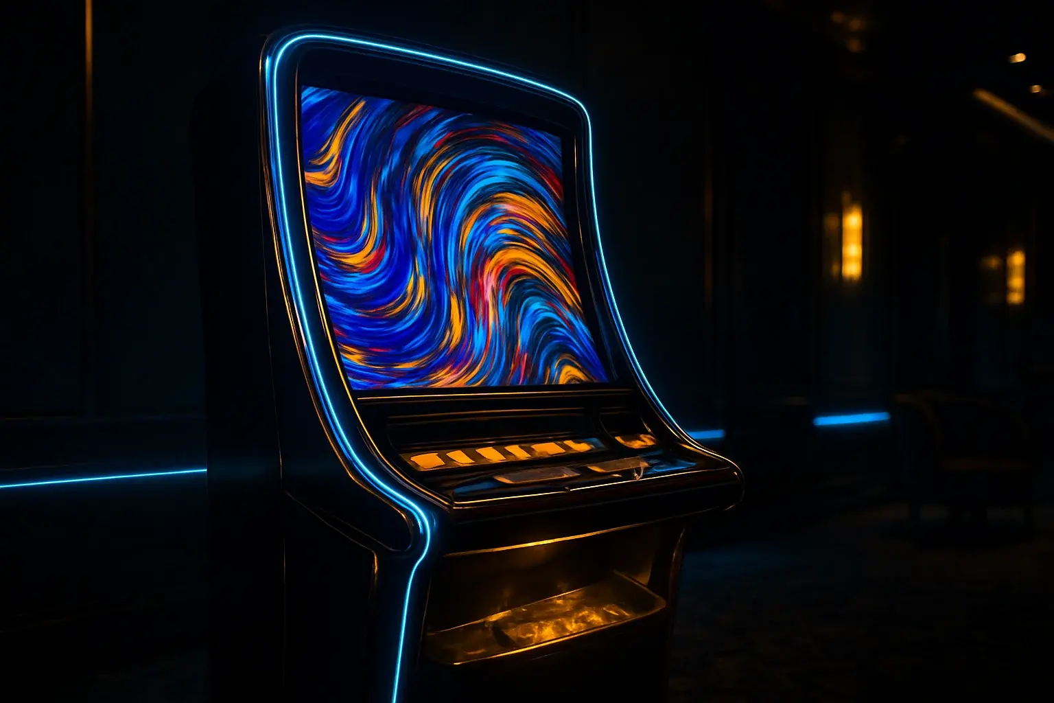 Hyperrealistic premium slot machine in dark luxury setting with neon lighting